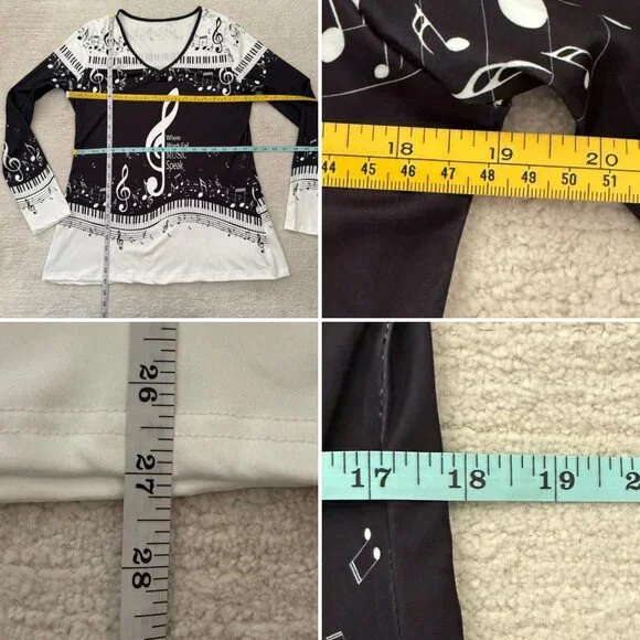 Music Notes Long Sleeve Top Size M Black White V Neck Piano Keys Print - Picture 4 of 9